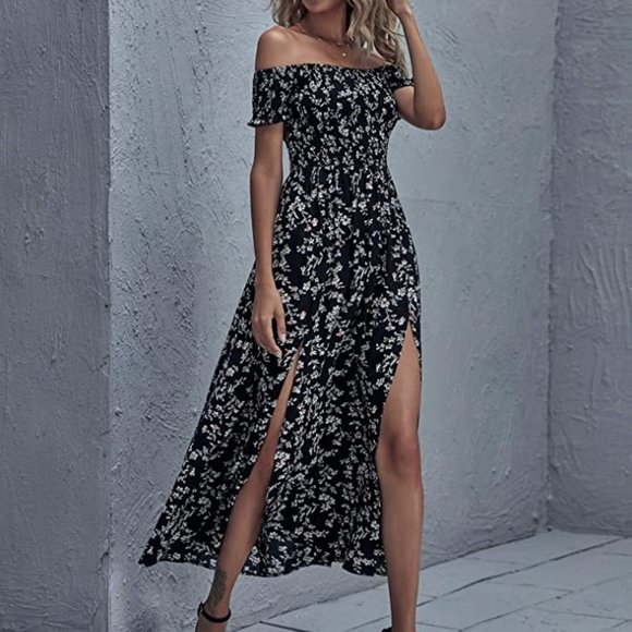 Boutique Dresses & Skirts - Women's Boho Floral Print Off Shoulder Split Long A Line Dress